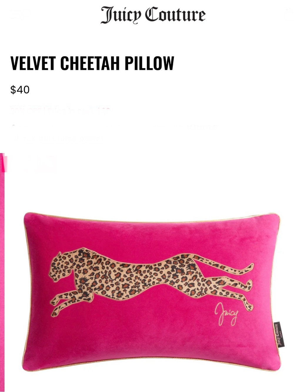 Juicy Couture Hot Barbie Pink Cheetah Wide Focal Point Pillow NWT NIB